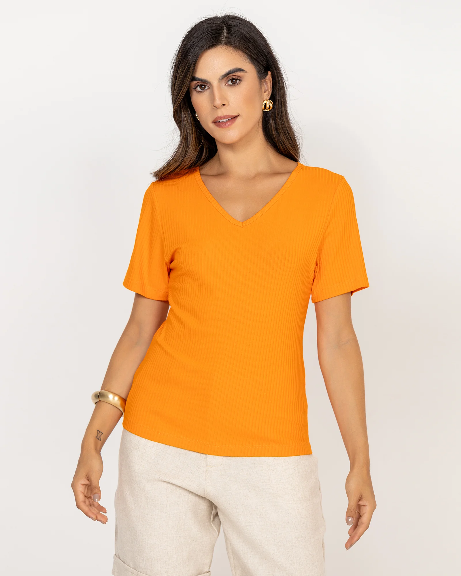 Blusa Feminina Decote V Canelada Laranja