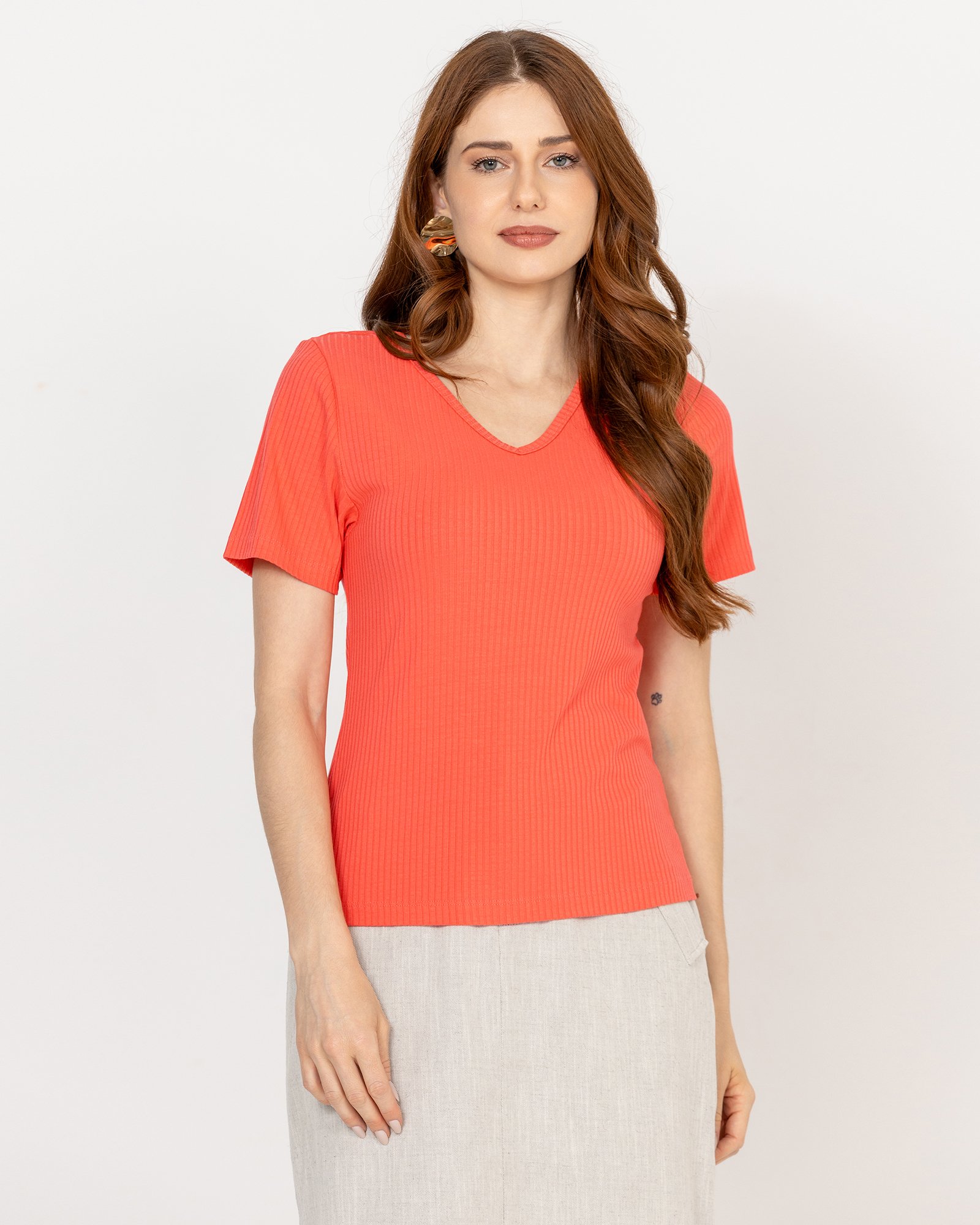 Blusa Feminina Canelada Decote V Coral