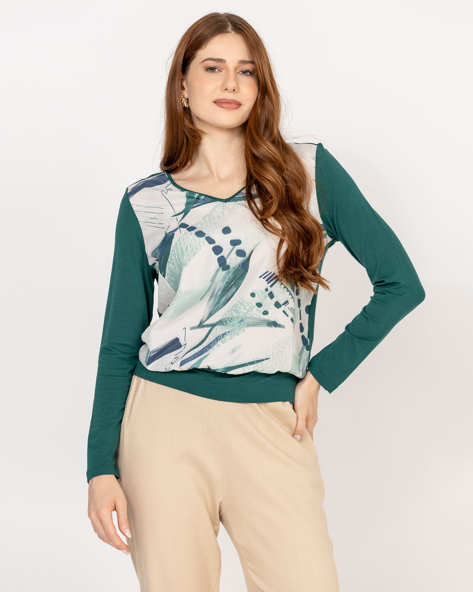 Blusa Feminina Manga Longa Plano e Malha Estampada Verde