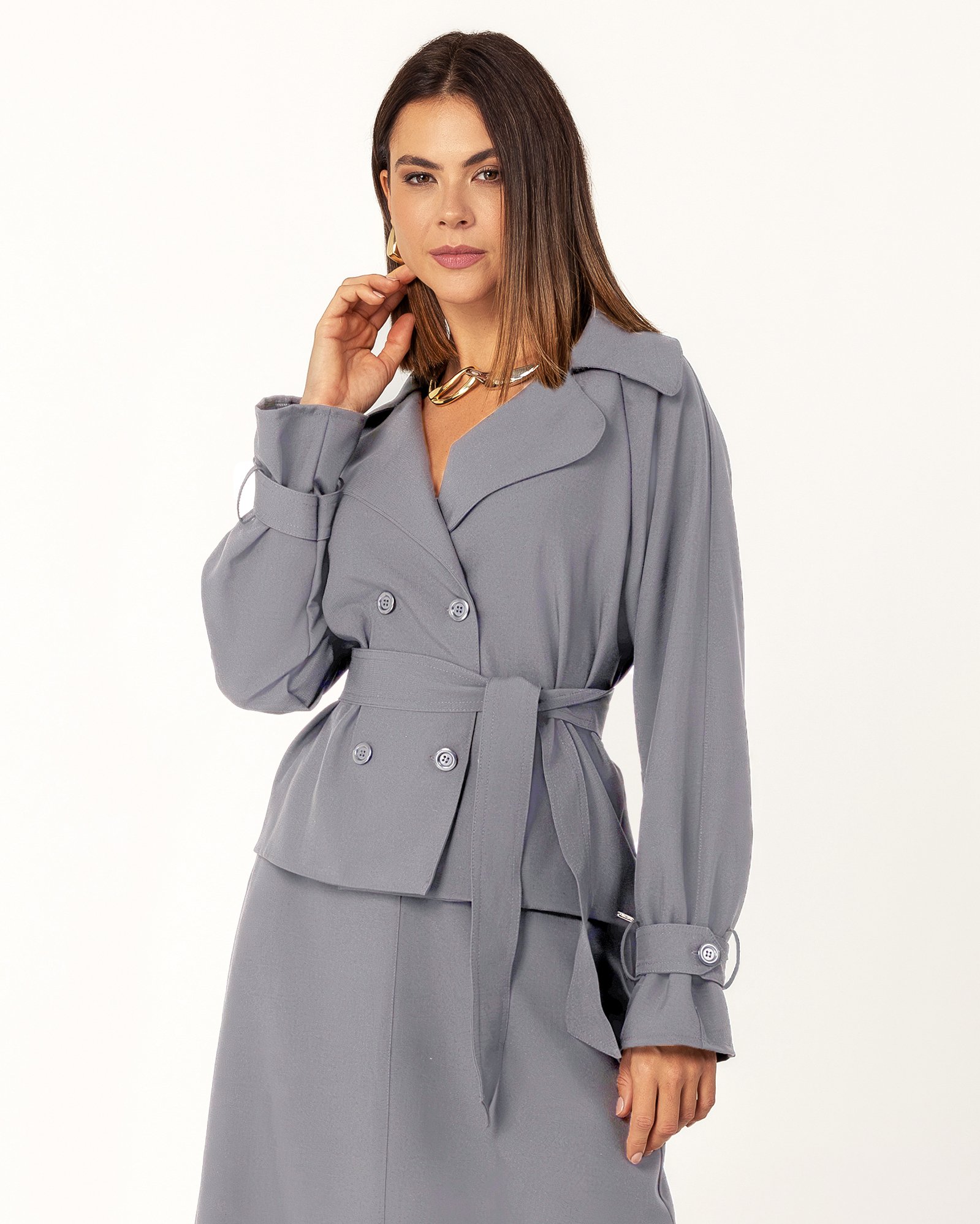 Casaco Feminino Trench Coat Alfaiataria Cinza