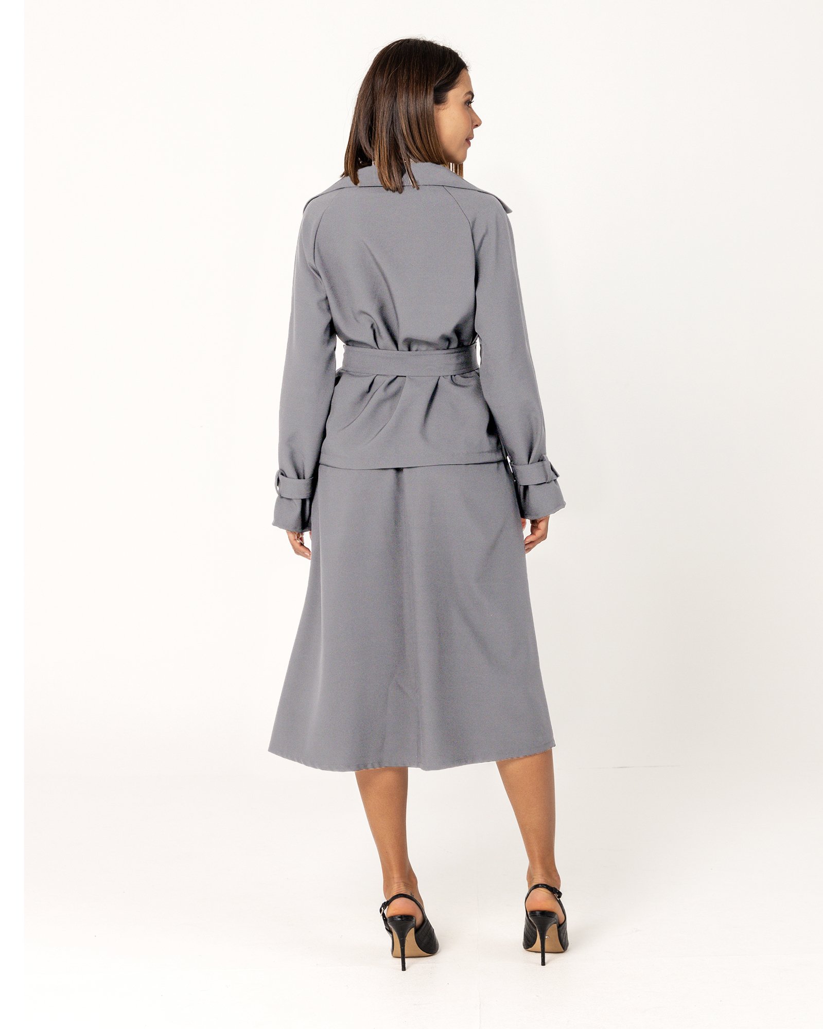 Casaco Feminino Trench Coat Alfaiataria Cinza