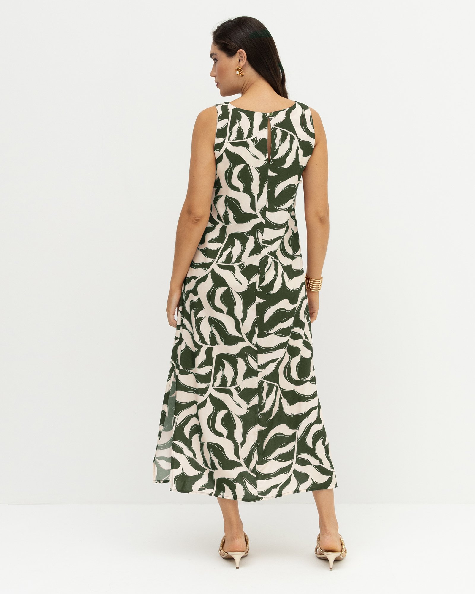 Vestido Mídi Viscose com Fendas Estampa Folhagens Verde